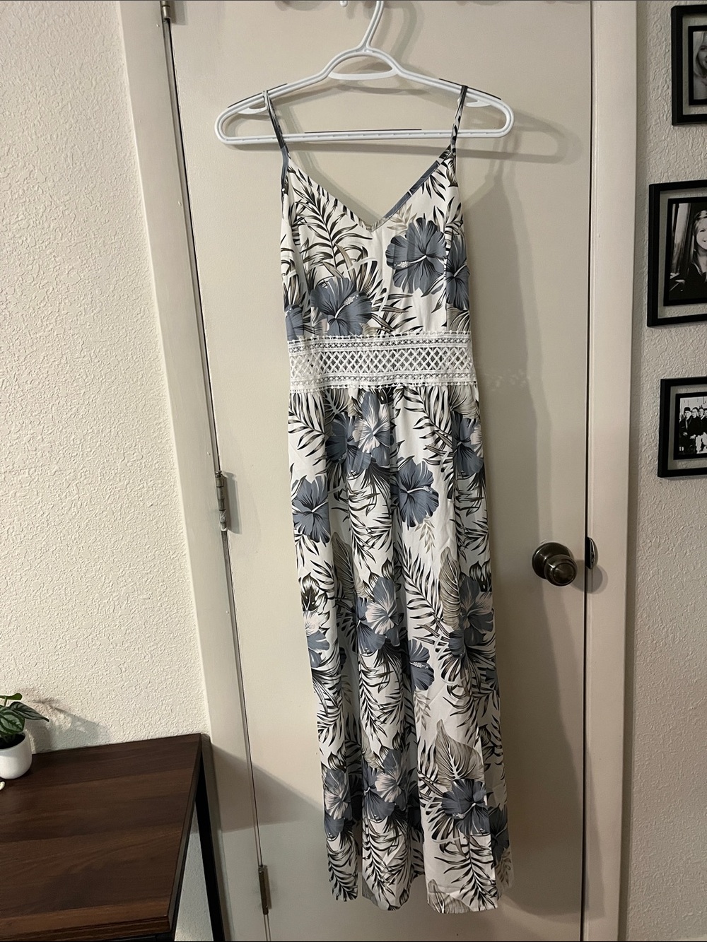 Spaghetti-Strap White Maxi Dress with Blue Floral Print